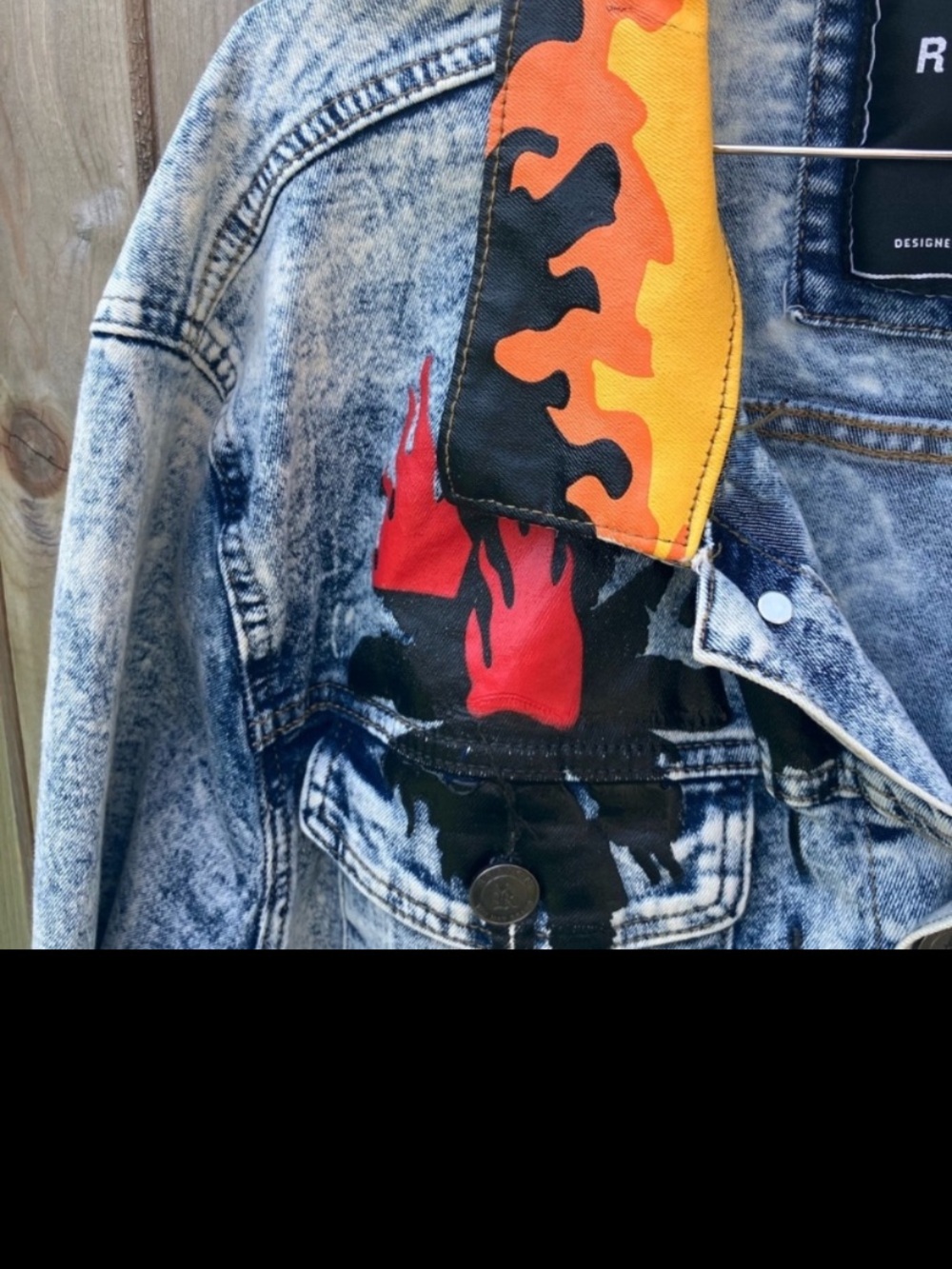 Men's Blue Graphic Denim Jacket with Red Flame Accents - Picture 8 of 10